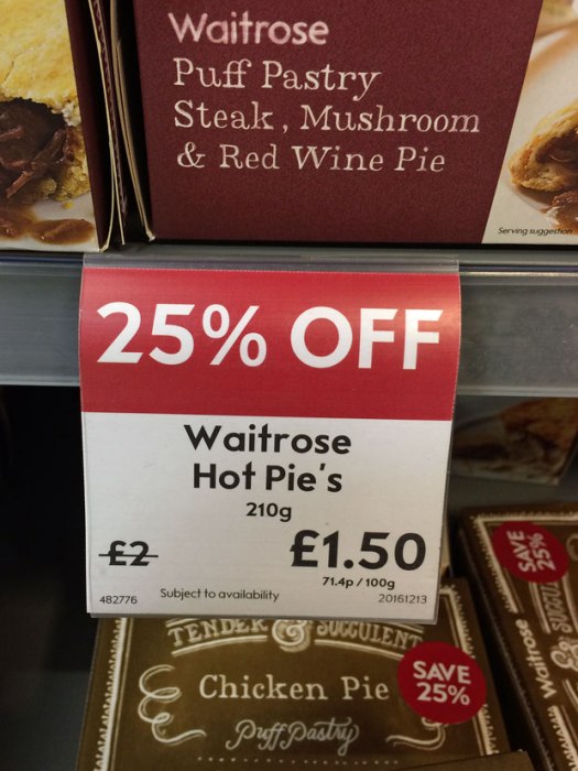Waitrose shelf label for pies