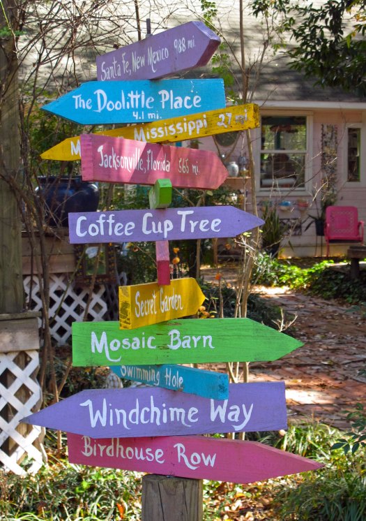 Directional signpoint to places of interest and garden areas
