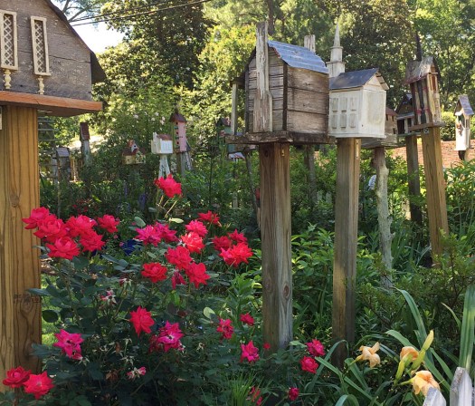 Red roses with an assortment of birdhouses