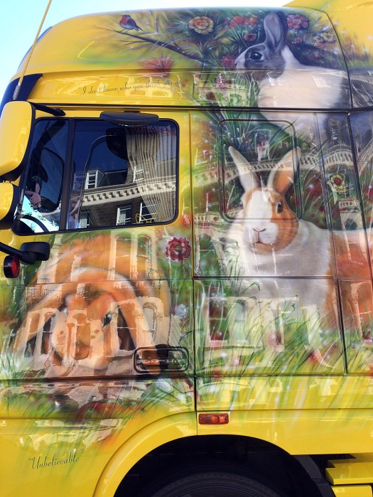 Shiny side view of yellow lorry with rabbit design and reflections