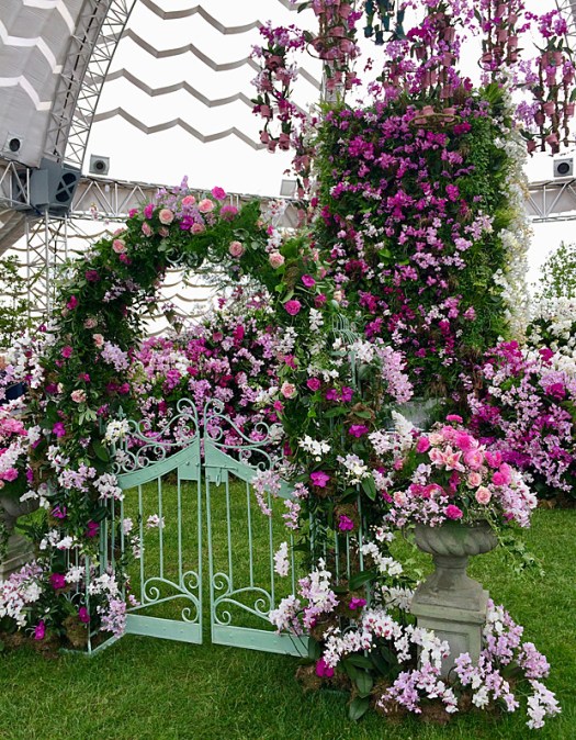 Pink and white orchids with stone urn and a metal gate