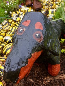 David Hockney style dachshund beside a path of bees
