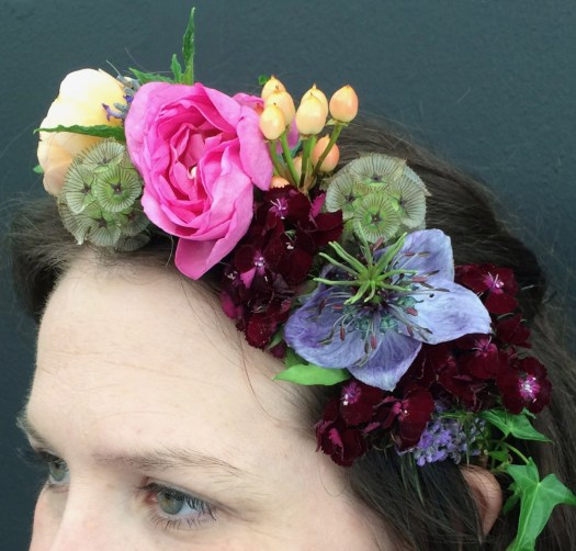 Garden roses, Hypericum berries, nigella and Sweet William,
