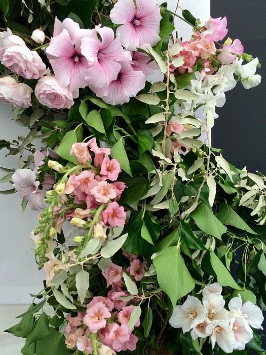 Roses, mallows, sweet peas, and antirrhinums with foliage