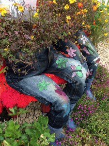 Stuffed jeans decorated with butterflies and flowers