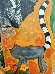 Painting of a lemur with long black and white tail