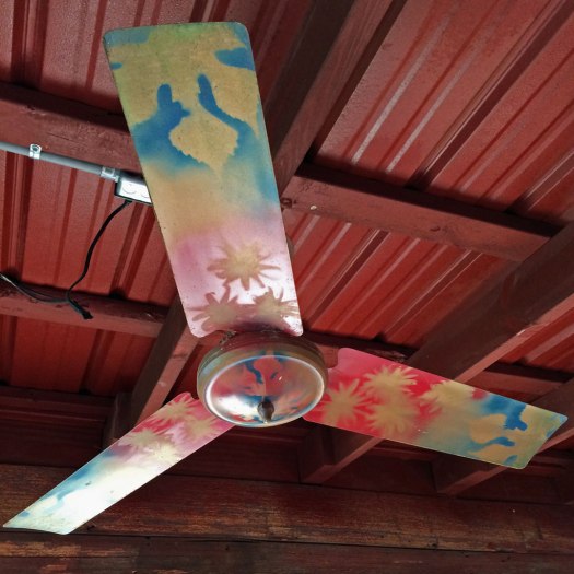Red corrugated roof with painted ceiling fan
