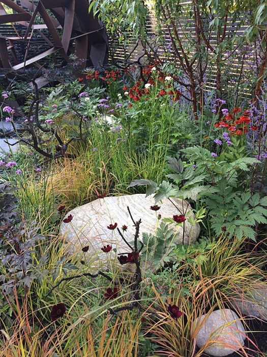 Charred, twisted branches amongst foliage and flowers