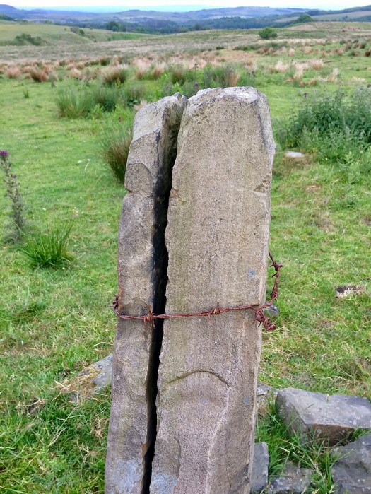 A stone post, cracked in two, tied together with barbed wire