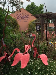Pink metal flamingos at The Arbor Gate in Texas