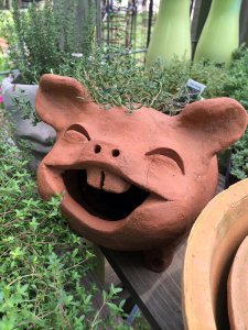 Pottery planter shaped like a smiling, toothy pig