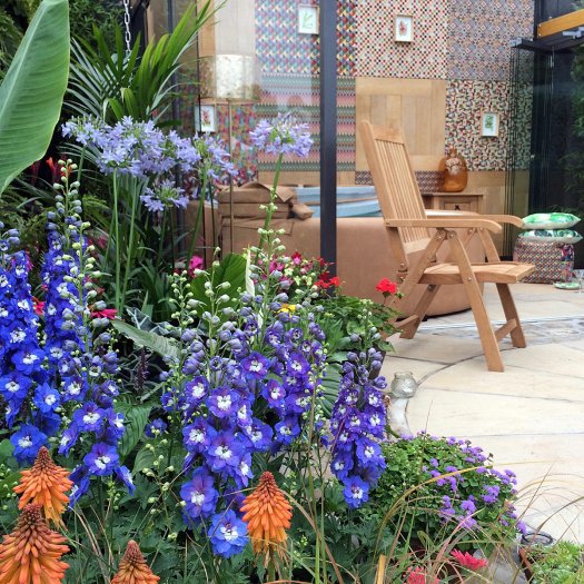 Blue delphiniums in the Jungle Fever Garden, Tatton Park Flower Show