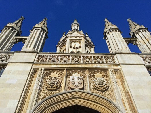 Looking upwards at King's College Cambridge Entrance