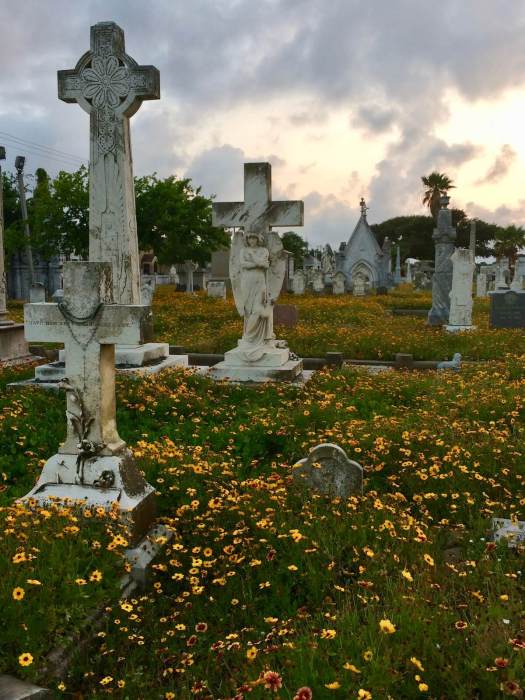 Stone angel and cross in Galveston's cemetery