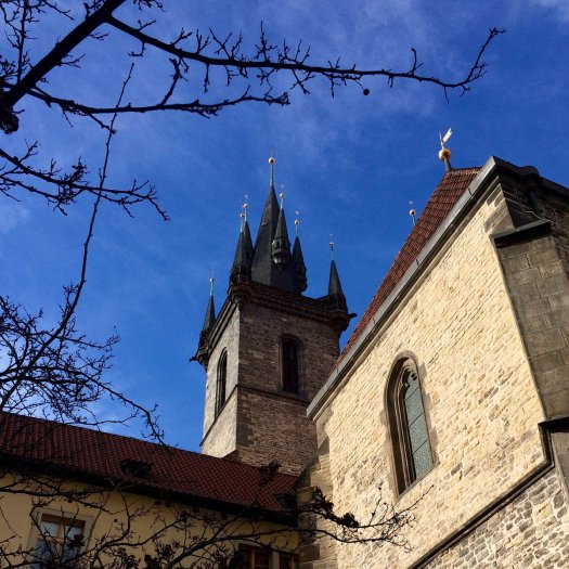 Side view of a gothic tower on the Church of Our Lady Before Tyn, Prague