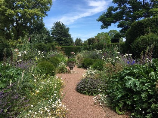Sinuous gravel path through a flower garden