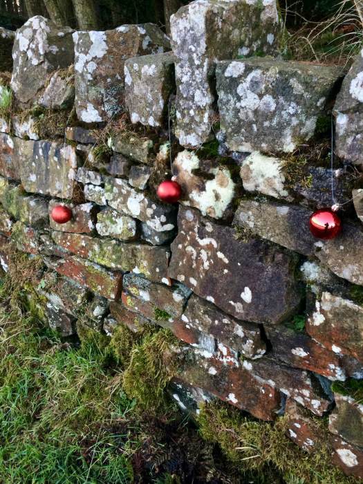 Red Christmas baubles hung on a dry stone wall