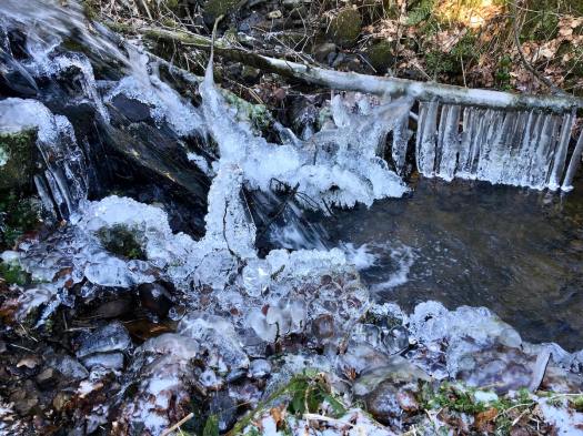 Ice forms in a cascade of water