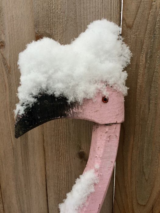 Wooden pink flamingo covered in snow