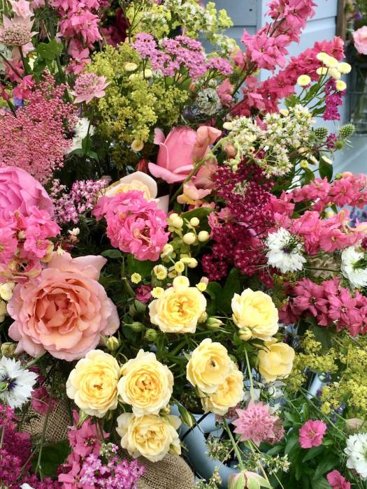Cut flowers in shades or yellow, apricot and pink