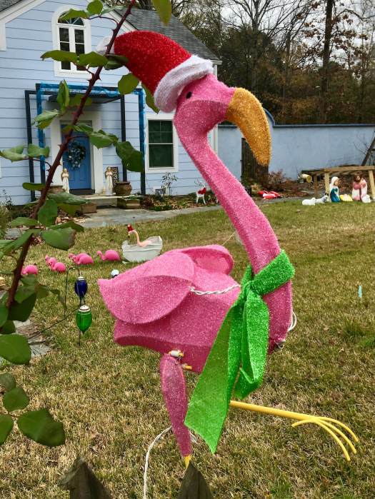 Flamingo wearing green bow and Santa hat