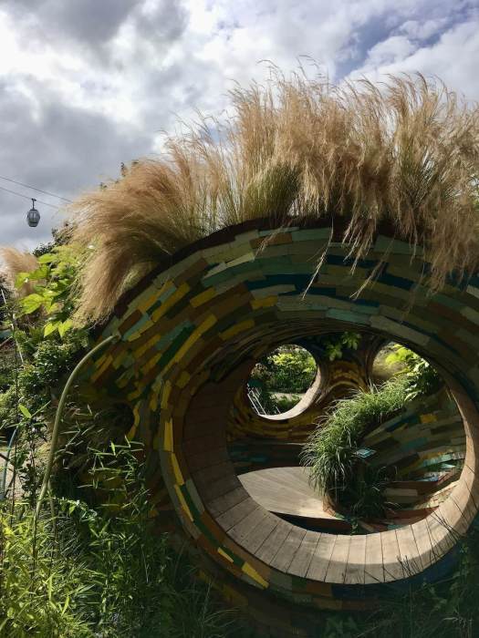 Garden at a flower show that looks like a face with wild hair