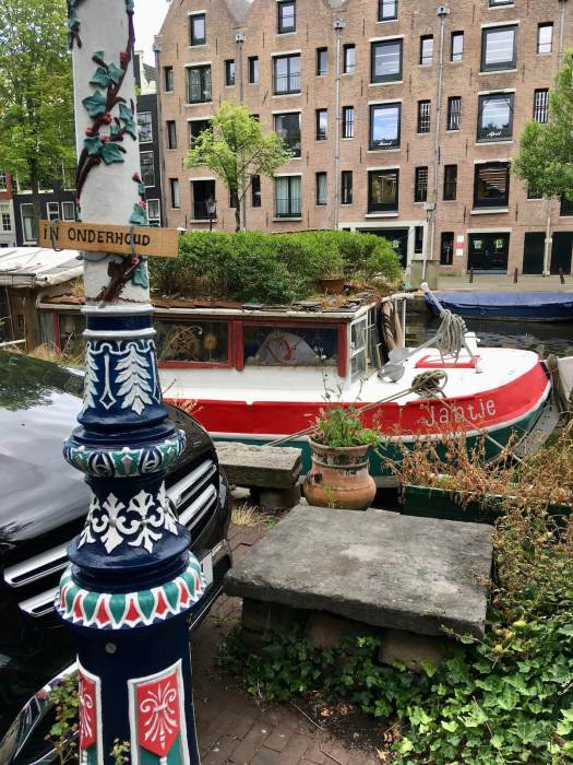 Colourful lampost by a housebarge