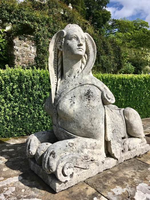 Limestone sphinx at Bodnant Garden