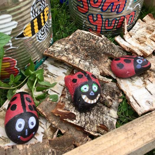 Pebbles painted as ladybirds with smiling faces