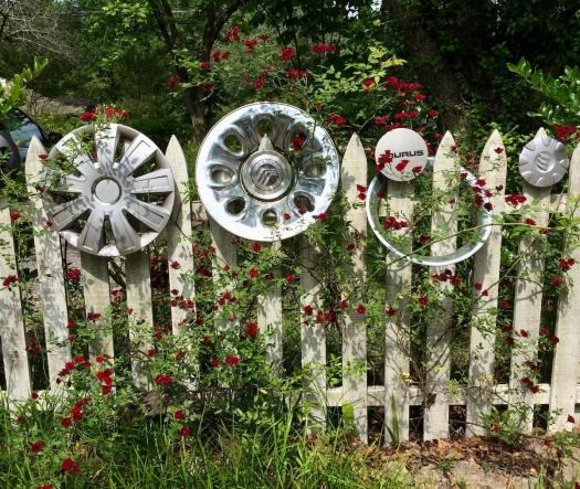 Picket fence with wheel trims and red roses