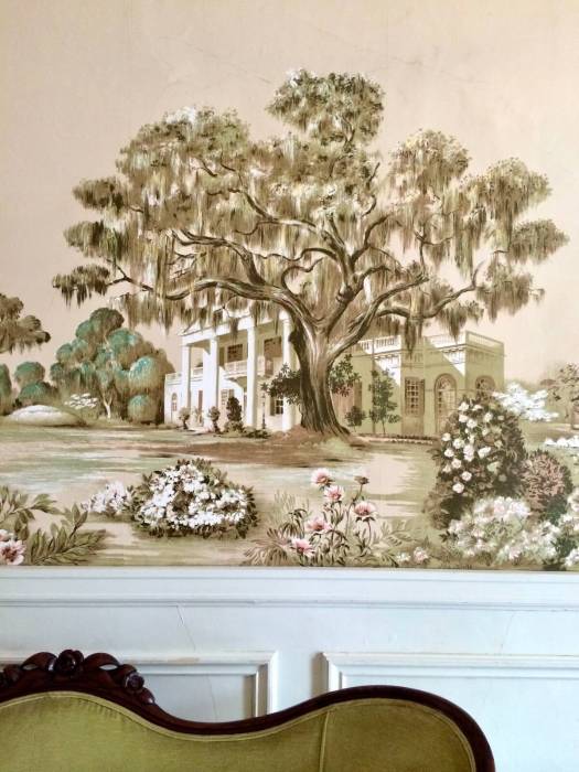 Wallpaper design: tree with Spanish moss in the garden of a mansion