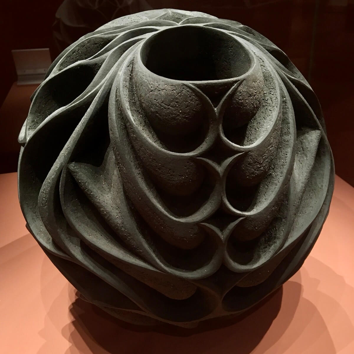 Hand-carved black stoneware with a geometric design by Hamila Cassell