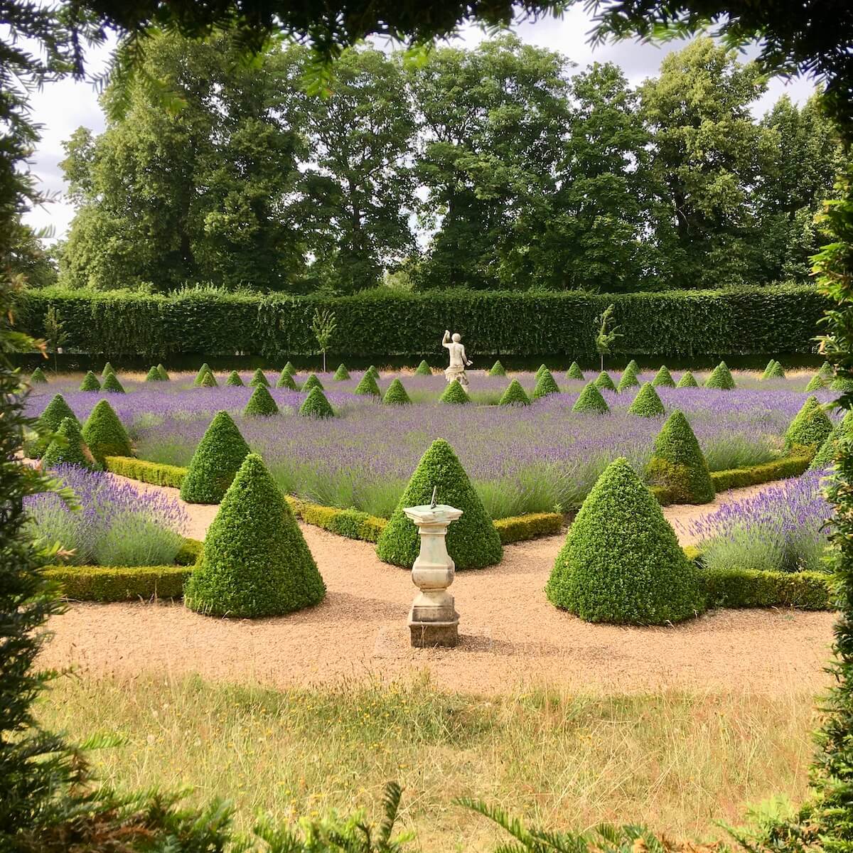 Ham House Cherry Garden viewed through a window in the yew hedge