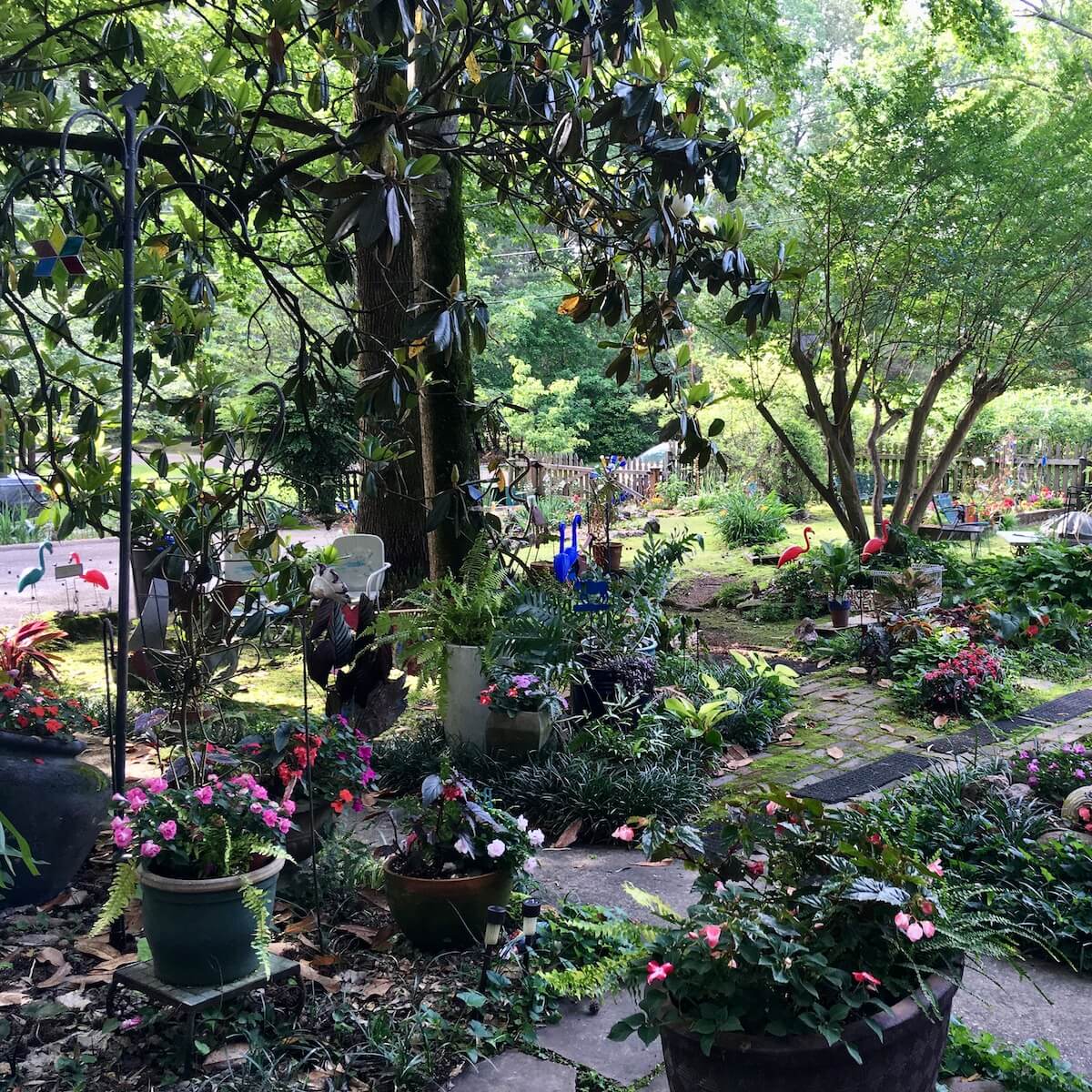Becky and Don Potts' shade garden at dusk
